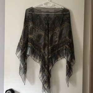 Pure Silk Chiffon Black Paisley Patterned Poncho One Size